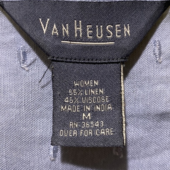 VAN HUESEN LINEN/VISCOSE BLUE BUTTON-DOWN  EMBROIDERED TANK SZ M - Picture 7 of 9